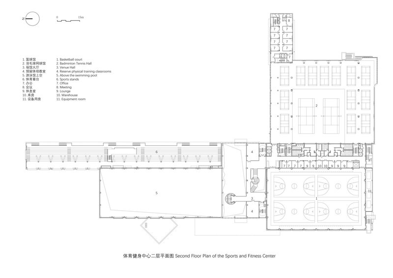 Sections through sports centre: two cross-sections showing basketball court, skating rink, pool, climbing wall