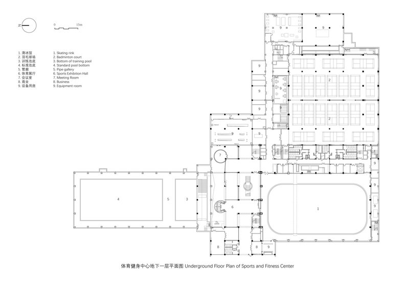 Second floor plan: sports centre with basketball court, badminton, swimming pool above, sports stands