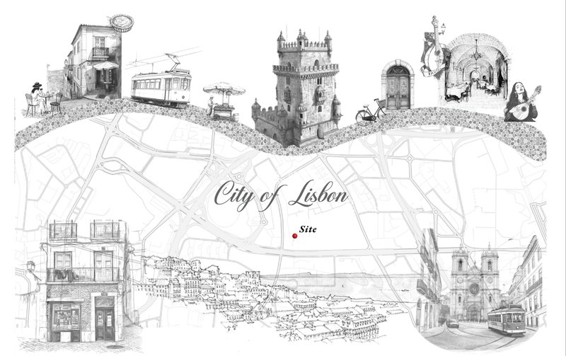 &nbsp;A collage of Lisbon's iconic landmarks and cultural elements, showcasing the project's harmonious integration into the cityscape.
