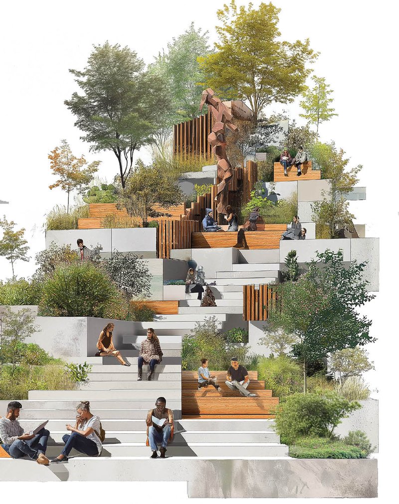 A multi-level green space designed for community interaction, blending nature and urban architecture.