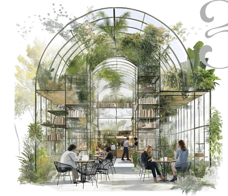 A serene café space inspired by Art Nouveau, combining natural light, greenery, and modern design.