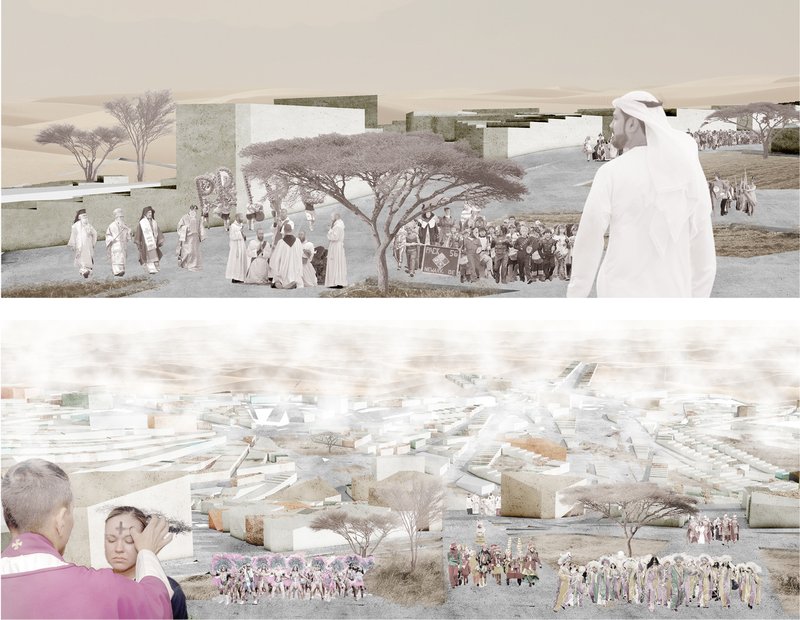 A spiritual ceremony and a vibrant festival procession depicted in the serene desert environment, illustrating harmony between culture and architecture.