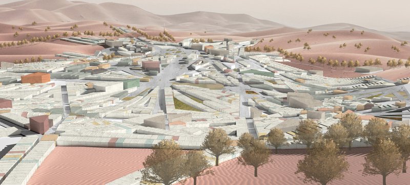 Aerial view showcasing the Sahara Communitas' modular architecture blending into the desert landscape.