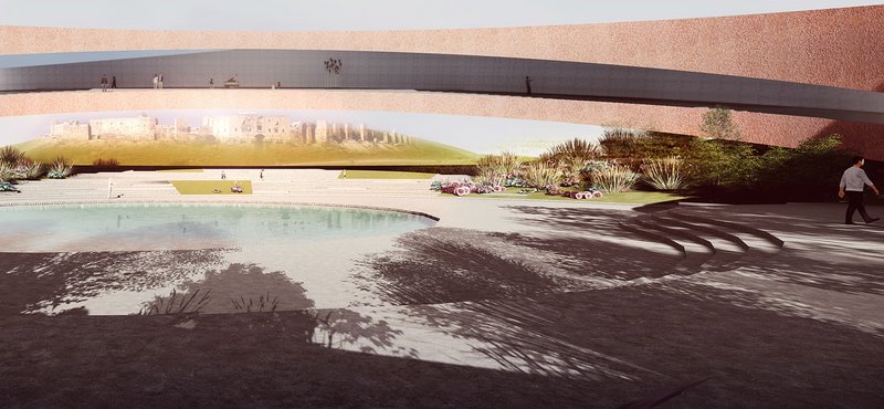 A harmonious blend of reflective water, lush greenery, and sustainable design that bridges Syria's cultural past with a hopeful future.