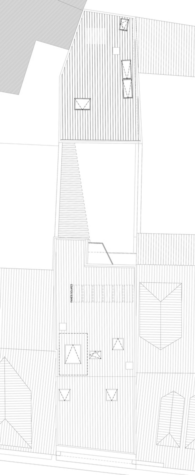 Site plan drawing showing the building footprint with surrounding trees and neighboring structures