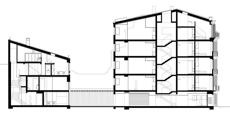 Longitudinal section drawing revealing three stacked levels in two volumes connected by an open courtyard