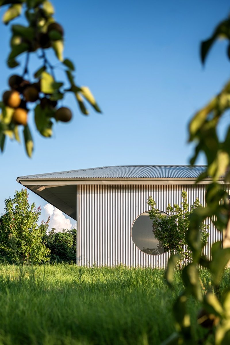 Vertical corrugated facade with circular window framed by fruit tree branches