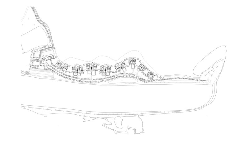 Site plan drawing showing building clusters along a curving peninsular landform between water bodies