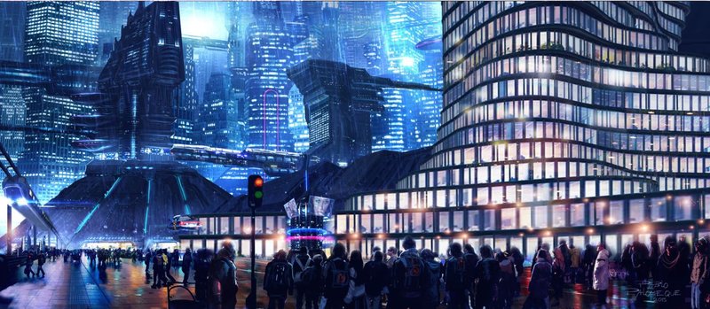 A vibrant depiction of futuristic urban life, blending technological marvels with sustainable design to create thriving, illuminated metropolises.