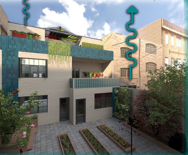 Turquoise House's lush courtyard featuring gardens and vertical green connections.