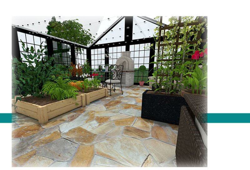 Interior of the greenhouse with hydroponic systems and vibrant planting.