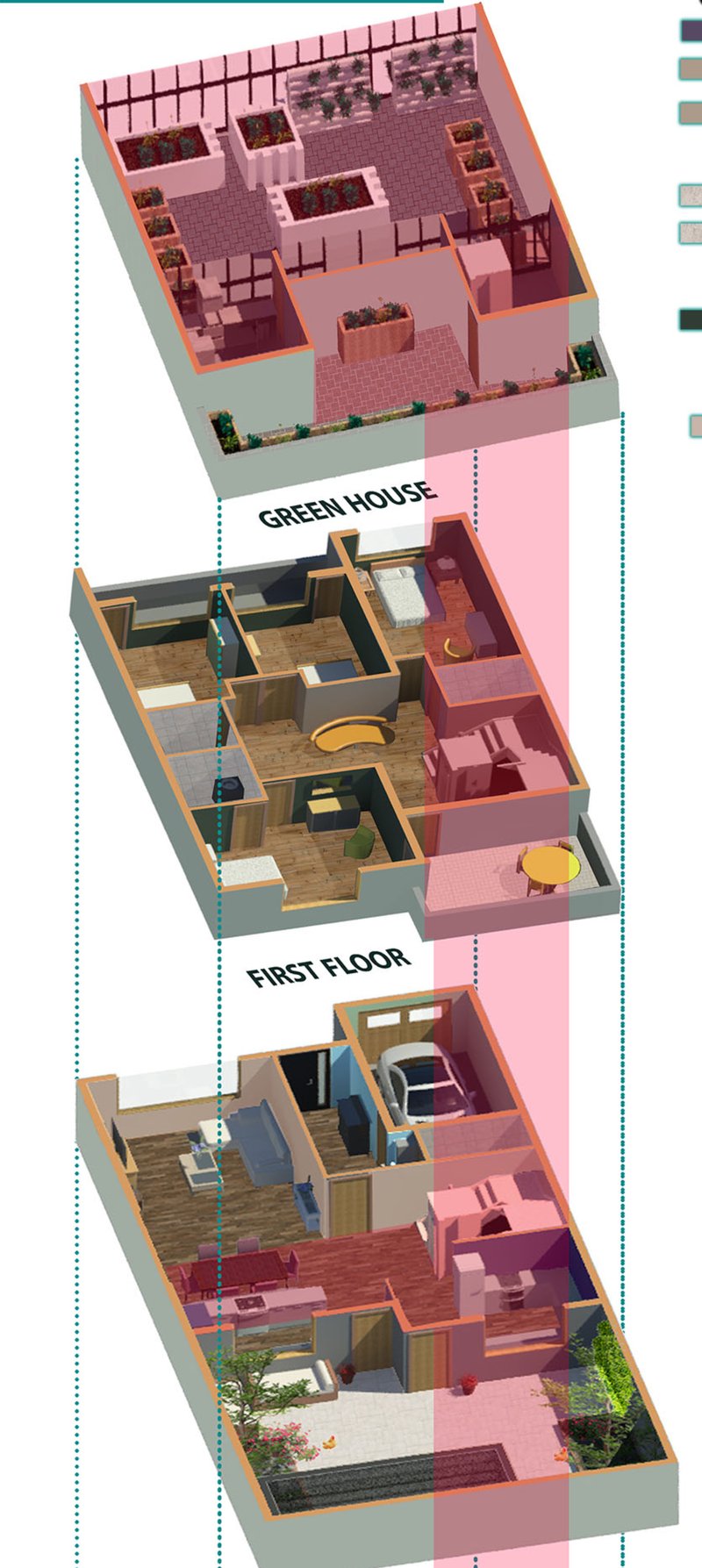 Architectural layouts of the greenhouse and residential levels.