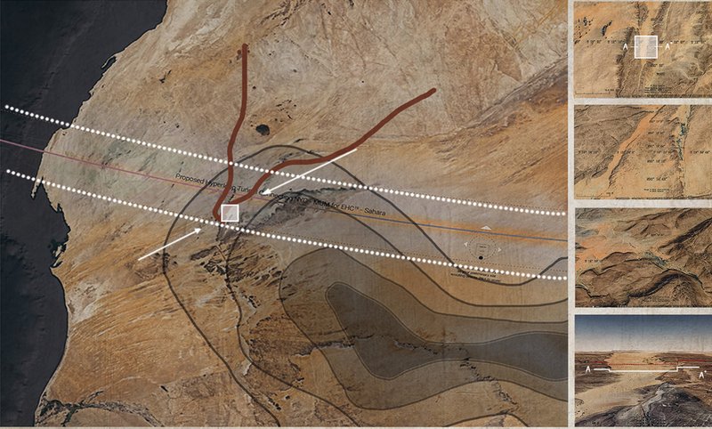 Site analysis map showing the Mauritania gorge location with climate data, terrain sections, and geological context
