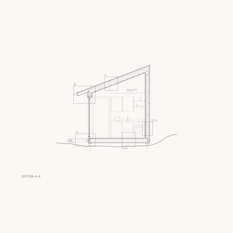 Section drawing revealing the sloped roof structure and interior loft space above the main floor