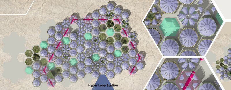 Hexagon City's modular hexagonal layout integrates Hyperloop stations and green zones.