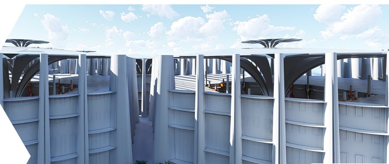 Solar chimneys and open-air corridors enhance ventilation and provide shade, creating a cool and sustainable urban habitat in Hexagon City.