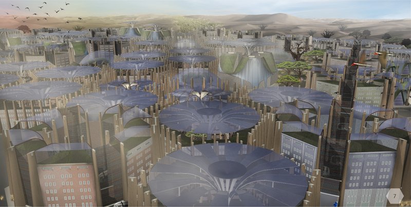 Hexagon City’s innovative urban canopy shields its inhabitants while integrating greenery and renewable systems.&nbsp;