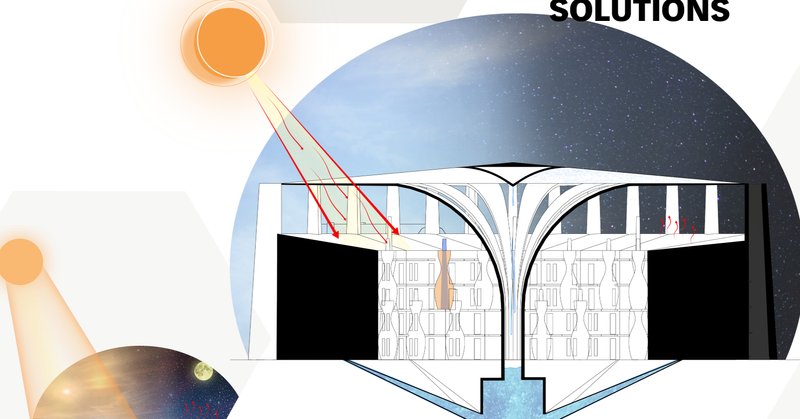 Hexagon City's solar chimney system utilizes natural heat to generate water and ensure ventilation.