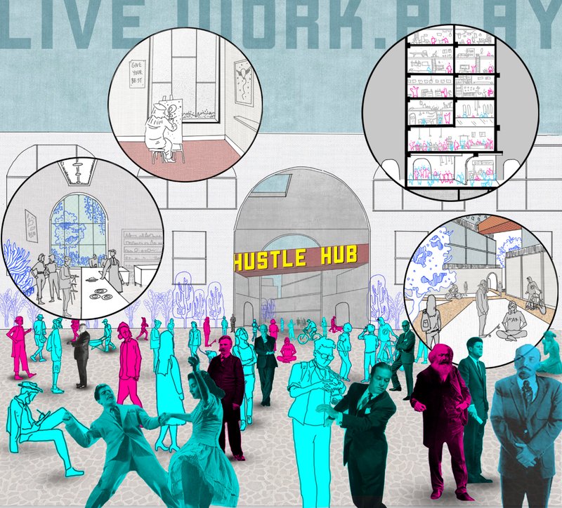 Hustle Hub brings life, work, and play into one harmonious urban hub, fostering creativity and connection