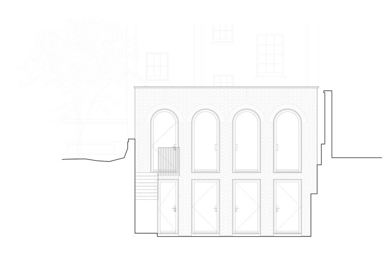 Elevation drawing of a brick facade with four arched windows and adjacent building outlines