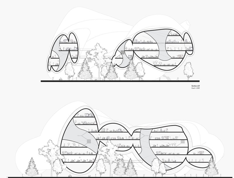 Two architectural sections showing organic, blob-like forms nestled in a forest clearing, with multiple interior levels and trees growing through the structures