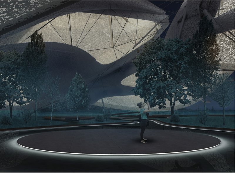 Interior view beneath a tensile fabric canopy with trees growing inside the space, a figure standing on a circular illuminated platform at twilight