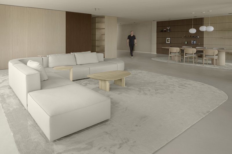 Open living and dining space with curved sofa and a person walking between wood-paneled volumes