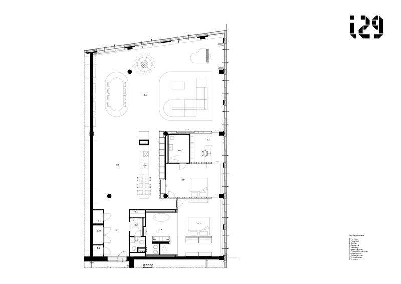 Floor plan drawing showing an open layout with kitchen, living areas, and service rooms