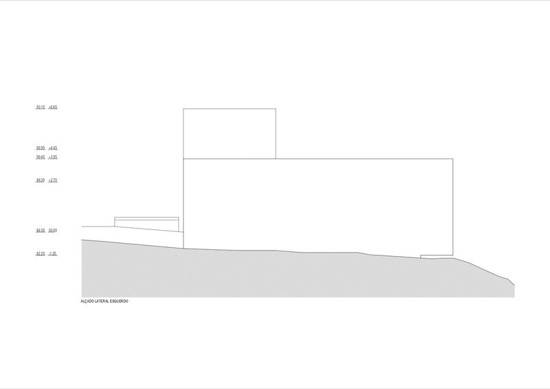 Elevation drawing with tall vertical element and long horizontal volume over descending hatched hillside