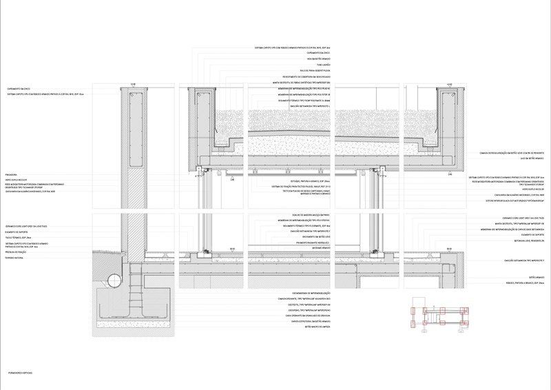 Facade detail section showing window mullion and floor slab connections with layered assemblies
