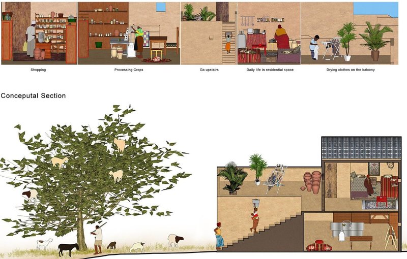 A conceptual section displaying the harmony of living, agriculture, and energy-efficient architecture.