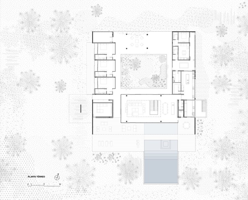 Ground-floor plan: two volumes connected by internal garden, pool, and covered terrace