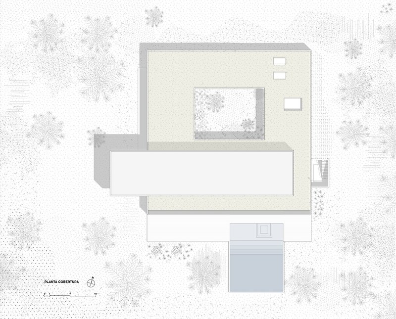 Roof plan: green roofs over both volumes, skylights, and internal courtyard