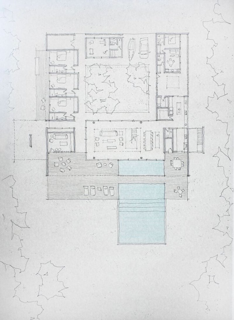 Hand-drawn ground-floor plan with watercolour planting