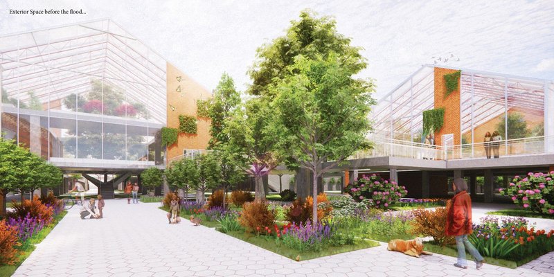 A bustling courtyard showcasing life in Ohana before potential flooding.