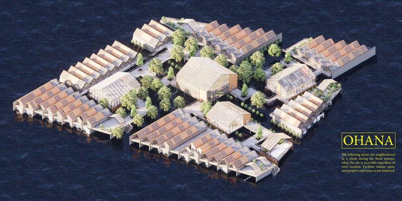 A bird's-eye view of the flood-resilient neighborhood layout, emphasizing accessibility and openness.