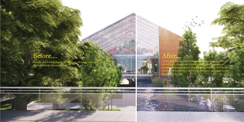 A comparative view of the site before and after implementing flood-resilient measures.