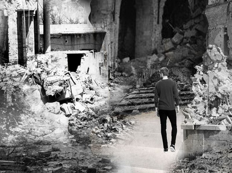 Walking amidst ruins, the journey embodies resilience—transforming devastation into a pathway of hope and renewal.