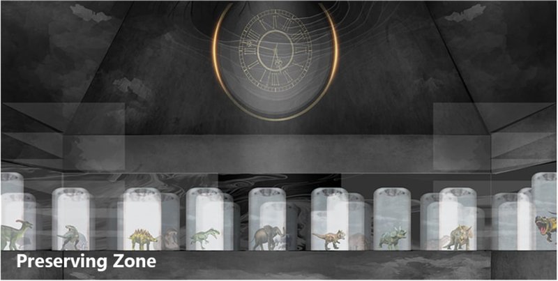 Preserving Zone showcasing biodiversity conservation with species preserved in glass cylinders, emphasizing ecological sustainability.