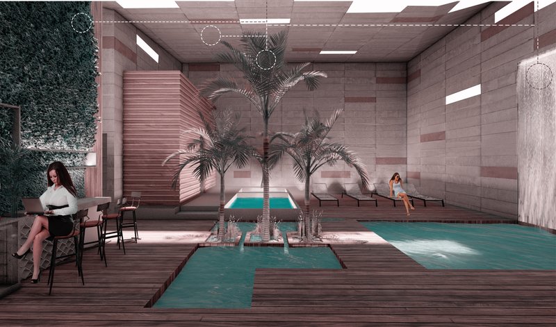 An indoor meditative space with serene water features and natural elements.