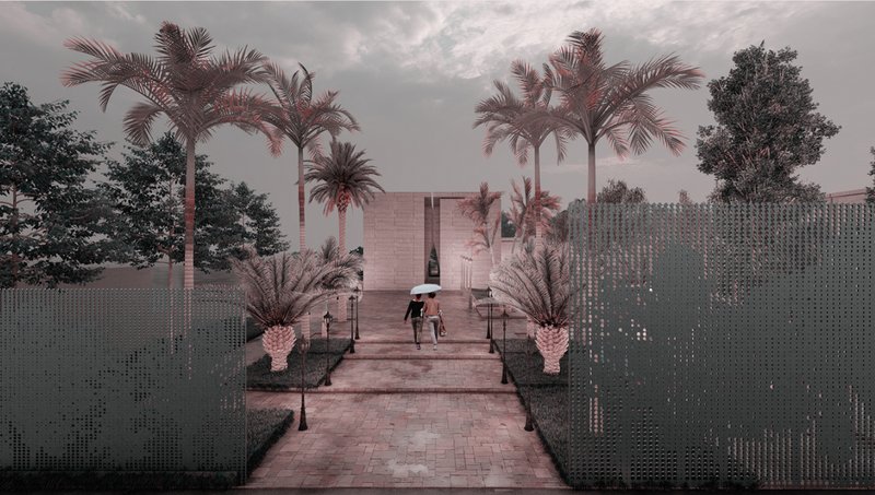 The welcoming entrance framed by palm trees and a serene atmosphere.