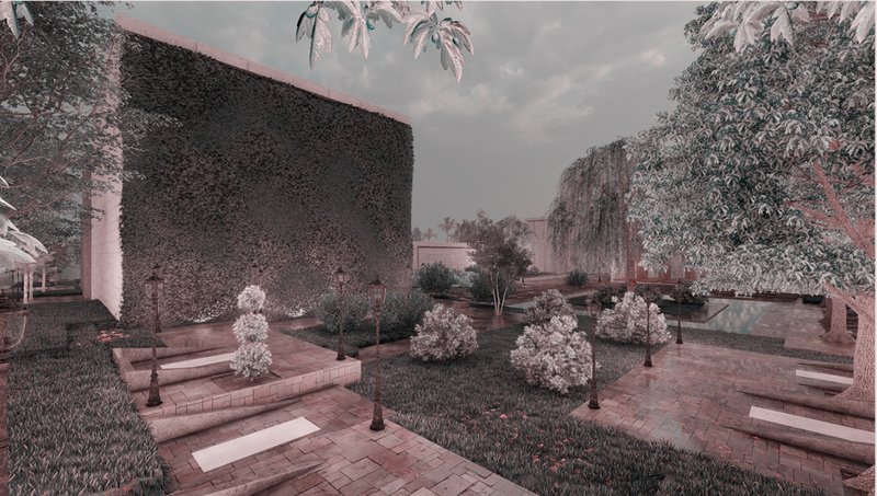 A lush courtyard designed for introspection and connection with nature.