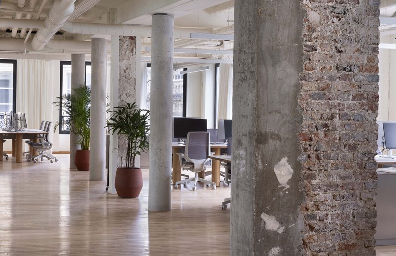 After: open-plan office with exposed concrete and brick columns, oak floors, workstations, plants