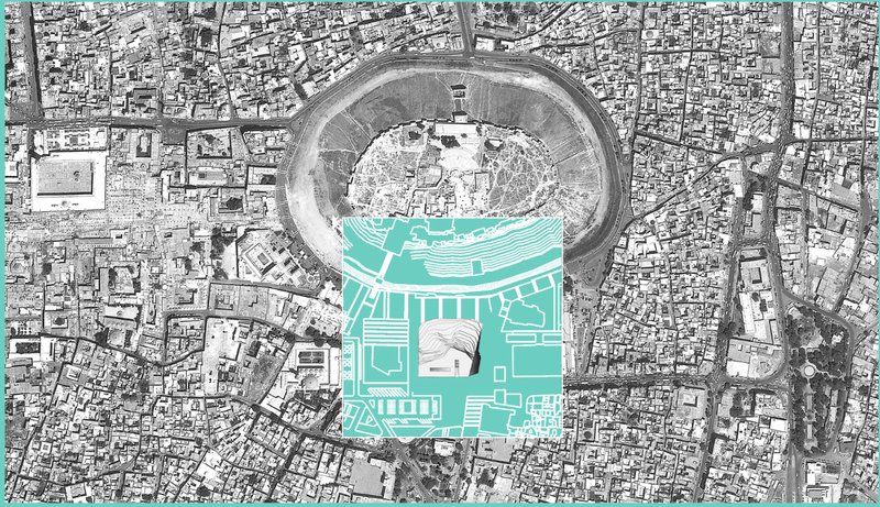 An aerial blueprint overlay showcasing the Memory Park’s seamless integration within the historic urban fabric, celebrating sustainable design.