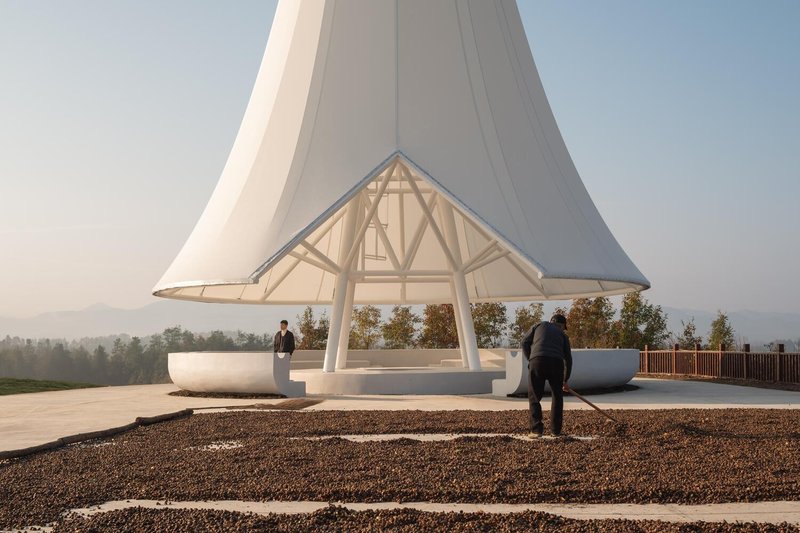 Fire lookout tower at ground level: white membrane canopy, steel frame, curved concrete seating, tea farmers drying harvest