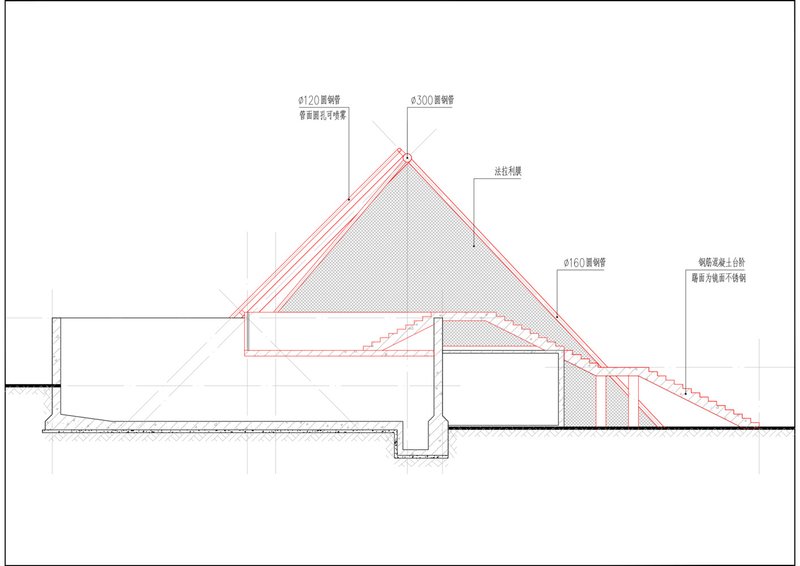 Section drawing of reservoir: steel pipe structure, mirrored stair risers, Ferrari membrane, walkway, and circular basin (Chinese annotations)