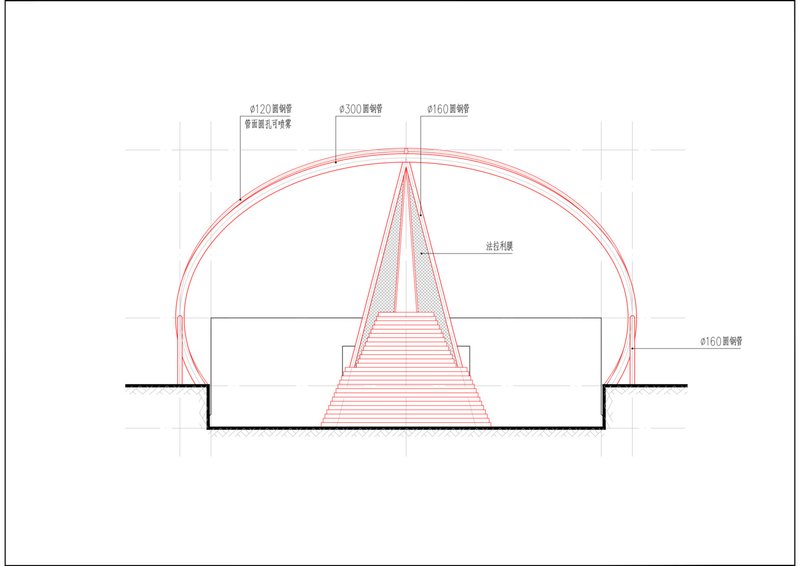 Section drawing of tower base: membrane canopy, steel frame, stair access to existing tower, concrete platform