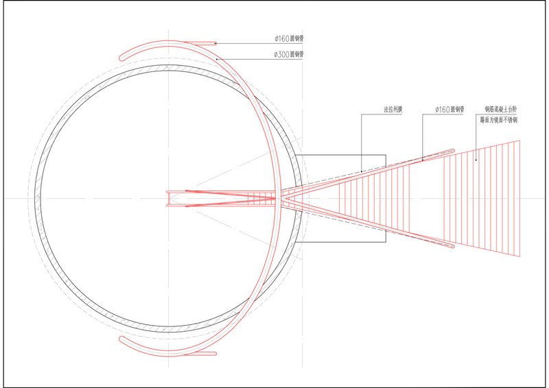 Plan drawing of reservoir: circular basin, triangular walkway extending from the ring, steel pipe dimensions