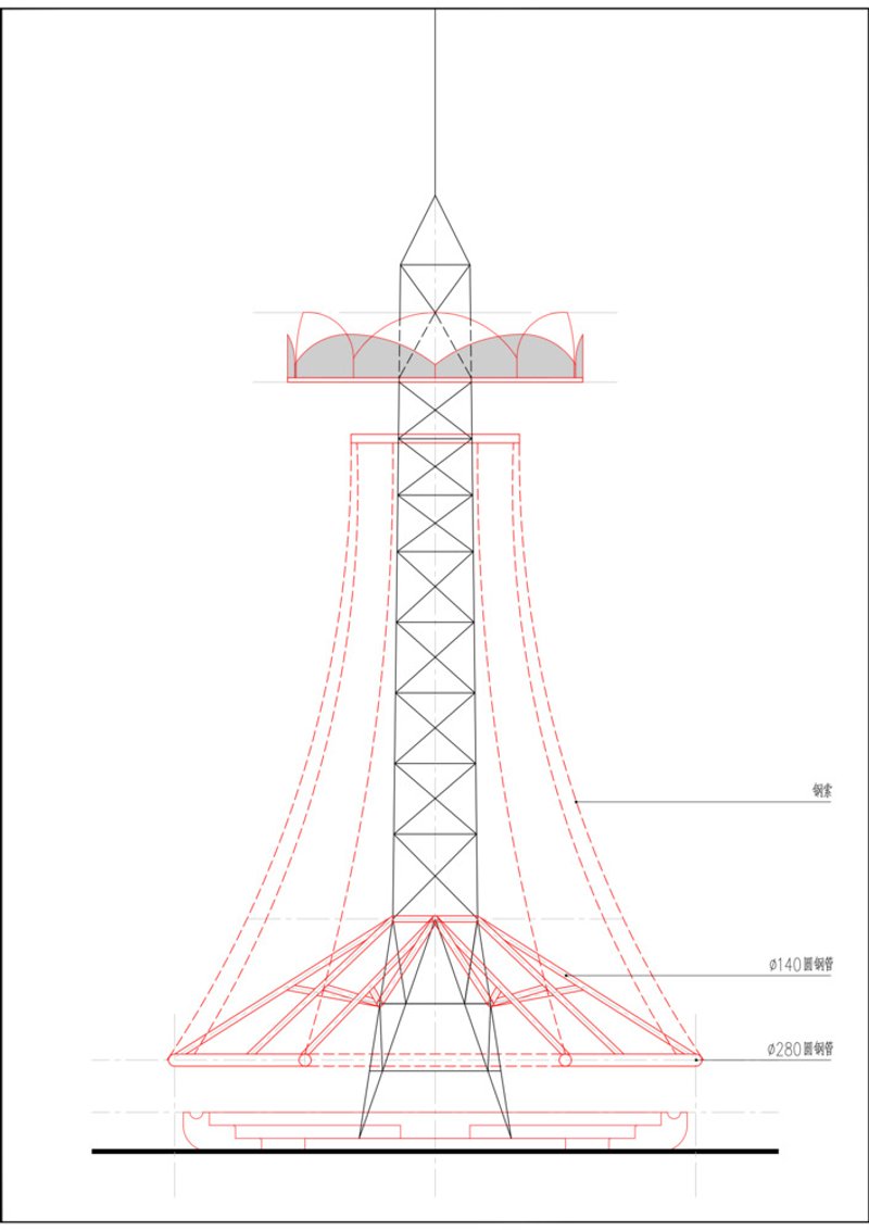 Elevation drawing of fire lookout tower: existing steel lattice tower wrapped in membrane canopy, steel pipe frame, curved seating platform