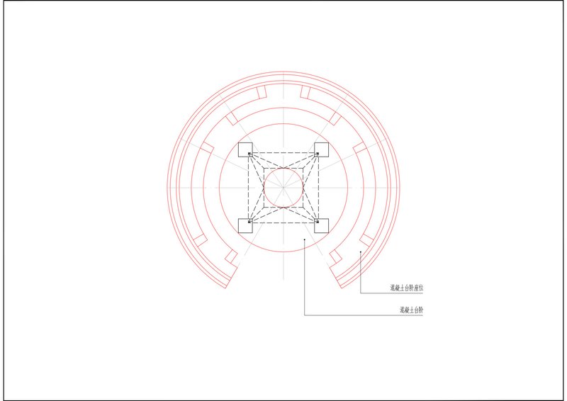 Plan drawing of tower: circular membrane footprint around the existing tower, curved amphitheatre seating, concrete steps